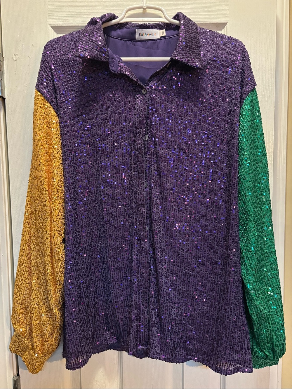 Sequin Colorblock Button-Down Shirt - Purple with Gold & Green Sleeves